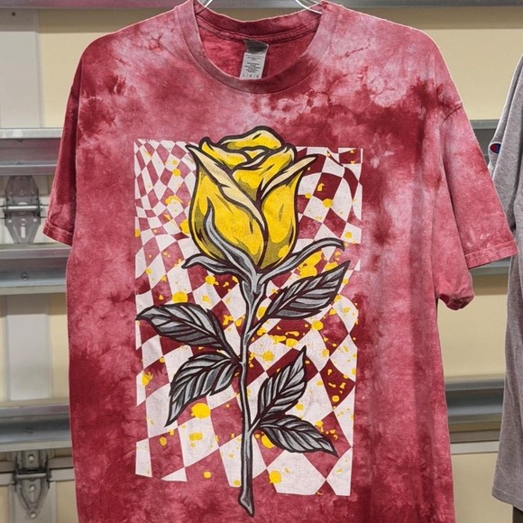 Gildan Tops - Golden Rose Checkerboard on Red, White, Pink tie-dye